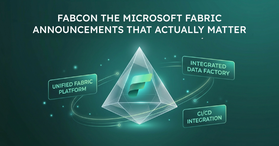 Graphic representing Microsoft Fabric announcements at FabCon 2026, including Unified Fabric Platform, Integrated Data Factory, and CI/CD Integration