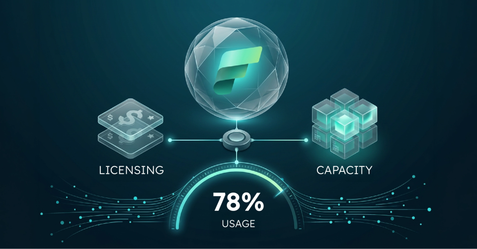 High-tech strategic visual representing Microsoft Fabric cost, licensing, and capacity units.