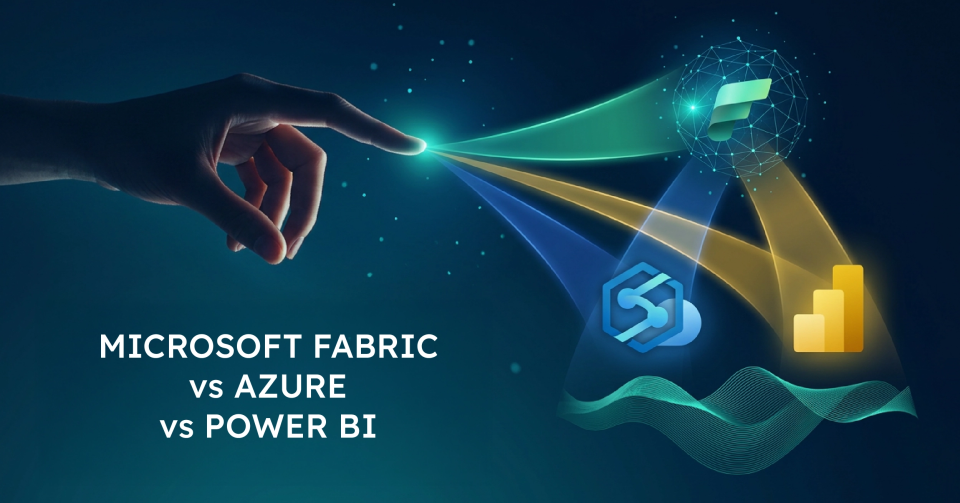 High-tech strategic visual comparing Microsoft Fabric, Azure Synapse, and Power BI.