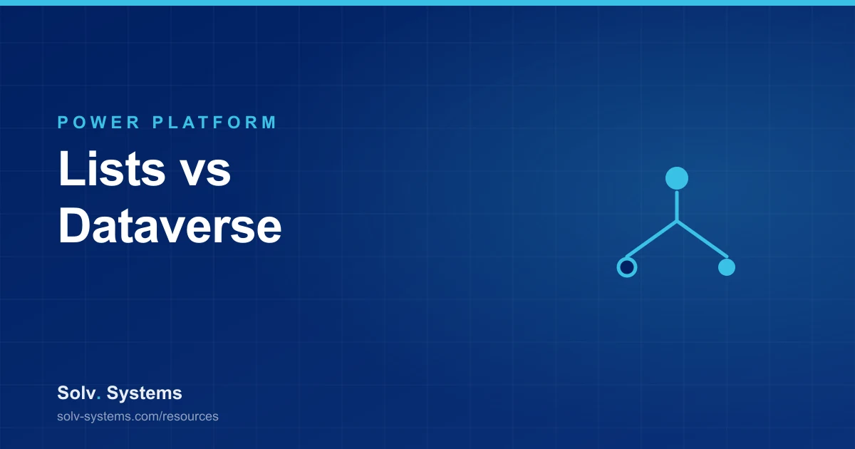 Navy Solv Systems title card reading 'Lists vs Dataverse' with a decision fork motif.